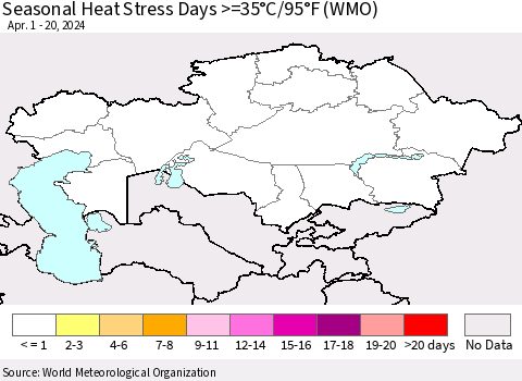 Kazakhstan Seasonal Heat Stress Days >=35°C/95°F (WMO) Thematic Map For 4/1/2024 - 4/20/2024