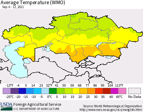 Kazakhstan Average Temperature (WMO) Thematic Map For 9/6/2021 - 9/12/2021