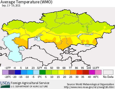 Kazakhstan Average Temperature (WMO) Thematic Map For 9/13/2021 - 9/19/2021