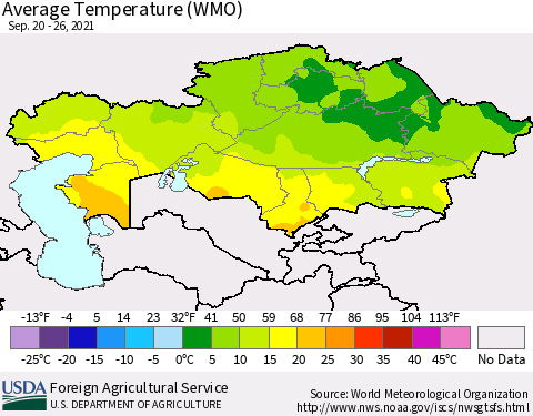 Kazakhstan Average Temperature (WMO) Thematic Map For 9/20/2021 - 9/26/2021