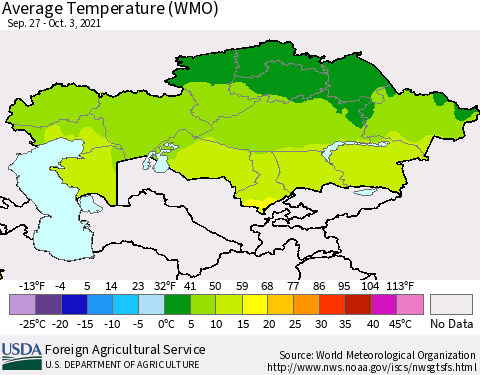 Kazakhstan Average Temperature (WMO) Thematic Map For 9/27/2021 - 10/3/2021