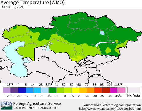 Kazakhstan Average Temperature (WMO) Thematic Map For 10/4/2021 - 10/10/2021