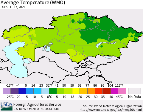 Kazakhstan Average Temperature (WMO) Thematic Map For 10/11/2021 - 10/17/2021