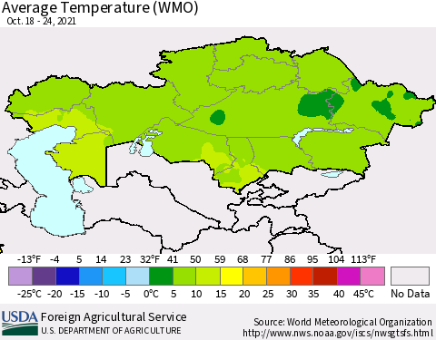 Kazakhstan Average Temperature (WMO) Thematic Map For 10/18/2021 - 10/24/2021