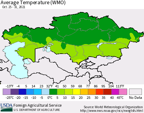 Kazakhstan Average Temperature (WMO) Thematic Map For 10/25/2021 - 10/31/2021