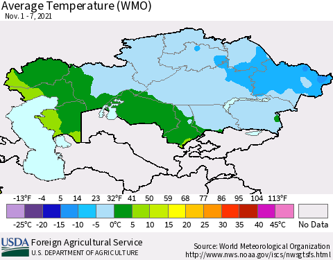Kazakhstan Average Temperature (WMO) Thematic Map For 11/1/2021 - 11/7/2021