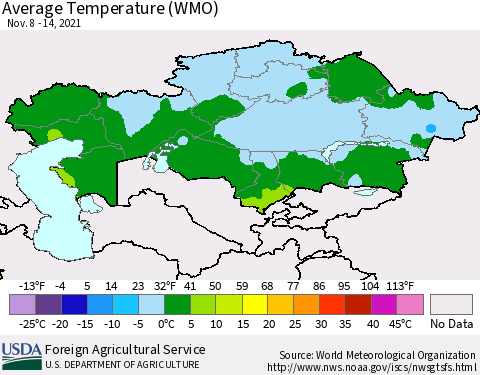 Kazakhstan Average Temperature (WMO) Thematic Map For 11/8/2021 - 11/14/2021