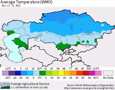 Kazakhstan Average Temperature (WMO) Thematic Map For 11/15/2021 - 11/21/2021