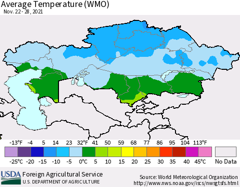 Kazakhstan Average Temperature (WMO) Thematic Map For 11/22/2021 - 11/28/2021