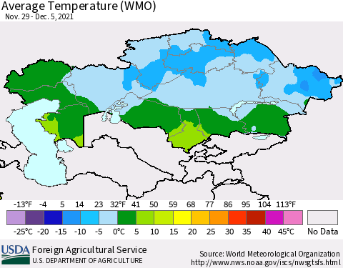 Kazakhstan Average Temperature (WMO) Thematic Map For 11/29/2021 - 12/5/2021