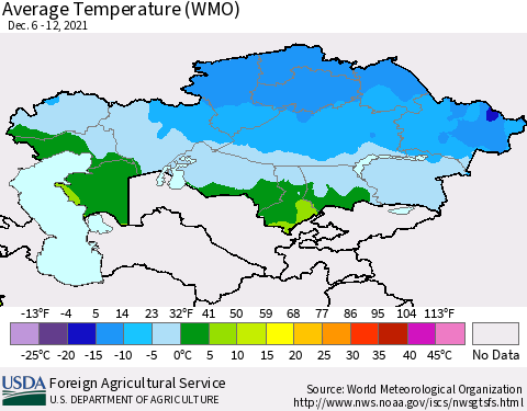 Kazakhstan Average Temperature (WMO) Thematic Map For 12/6/2021 - 12/12/2021