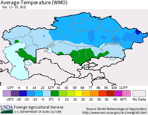 Kazakhstan Average Temperature (WMO) Thematic Map For 12/13/2021 - 12/19/2021