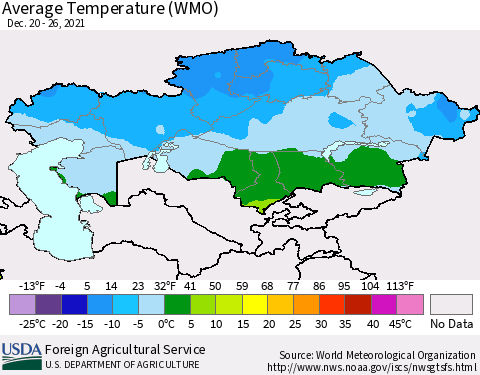 Kazakhstan Average Temperature (WMO) Thematic Map For 12/20/2021 - 12/26/2021