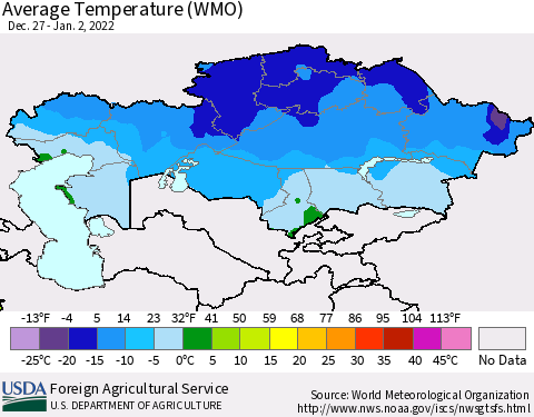 Kazakhstan Average Temperature (WMO) Thematic Map For 12/27/2021 - 1/2/2022