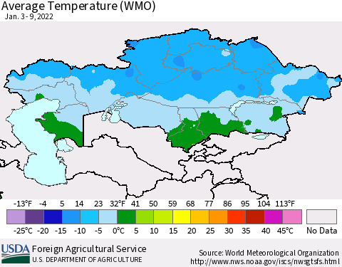 Kazakhstan Average Temperature (WMO) Thematic Map For 1/3/2022 - 1/9/2022