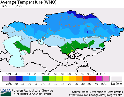 Kazakhstan Average Temperature (WMO) Thematic Map For 1/10/2022 - 1/16/2022