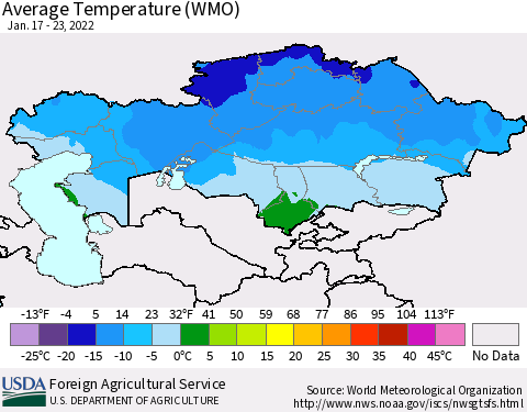 Kazakhstan Average Temperature (WMO) Thematic Map For 1/17/2022 - 1/23/2022