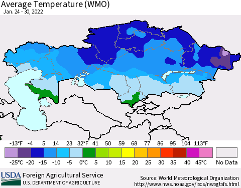 Kazakhstan Average Temperature (WMO) Thematic Map For 1/24/2022 - 1/30/2022