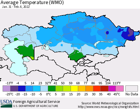Kazakhstan Average Temperature (WMO) Thematic Map For 1/31/2022 - 2/6/2022