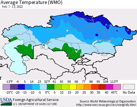 Kazakhstan Average Temperature (WMO) Thematic Map For 2/7/2022 - 2/13/2022
