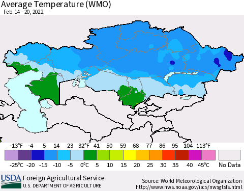 Kazakhstan Average Temperature (WMO) Thematic Map For 2/14/2022 - 2/20/2022