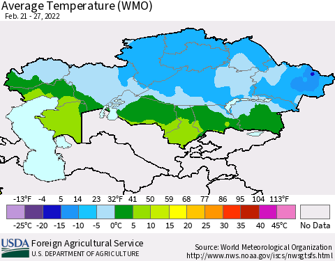 Kazakhstan Average Temperature (WMO) Thematic Map For 2/21/2022 - 2/27/2022