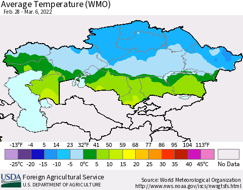 Kazakhstan Average Temperature (WMO) Thematic Map For 2/28/2022 - 3/6/2022