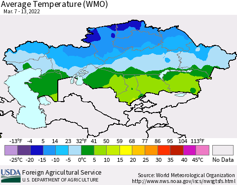 Kazakhstan Average Temperature (WMO) Thematic Map For 3/7/2022 - 3/13/2022