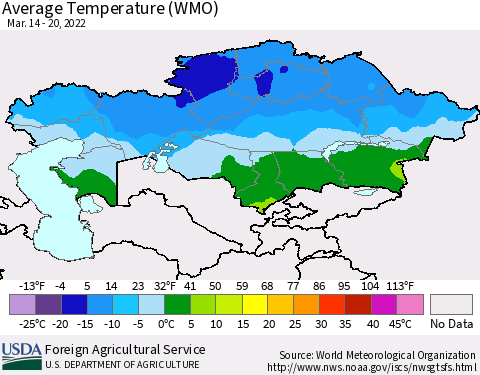 Kazakhstan Average Temperature (WMO) Thematic Map For 3/14/2022 - 3/20/2022