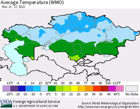Kazakhstan Average Temperature (WMO) Thematic Map For 3/21/2022 - 3/27/2022