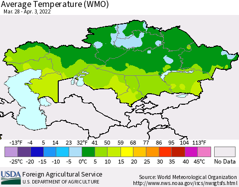 Kazakhstan Average Temperature (WMO) Thematic Map For 3/28/2022 - 4/3/2022