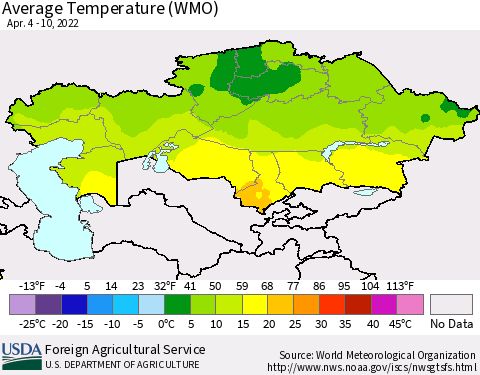 Kazakhstan Average Temperature (WMO) Thematic Map For 4/4/2022 - 4/10/2022