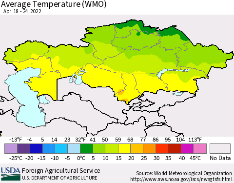 Kazakhstan Average Temperature (WMO) Thematic Map For 4/18/2022 - 4/24/2022