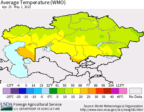 Kazakhstan Average Temperature (WMO) Thematic Map For 4/25/2022 - 5/1/2022