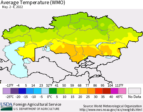 Kazakhstan Average Temperature (WMO) Thematic Map For 5/2/2022 - 5/8/2022