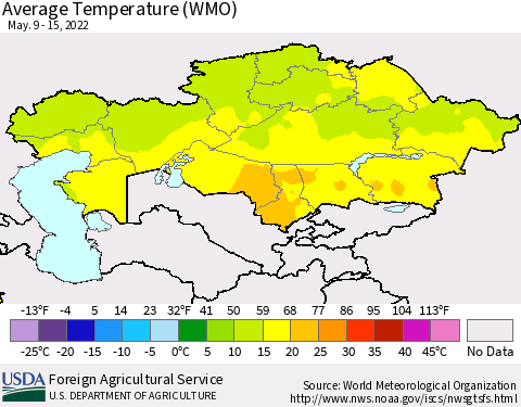 Kazakhstan Average Temperature (WMO) Thematic Map For 5/9/2022 - 5/15/2022