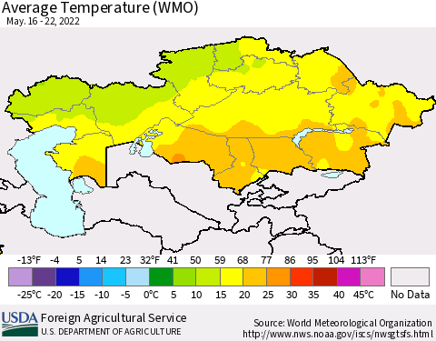 Kazakhstan Average Temperature (WMO) Thematic Map For 5/16/2022 - 5/22/2022