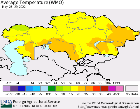 Kazakhstan Average Temperature (WMO) Thematic Map For 5/23/2022 - 5/29/2022