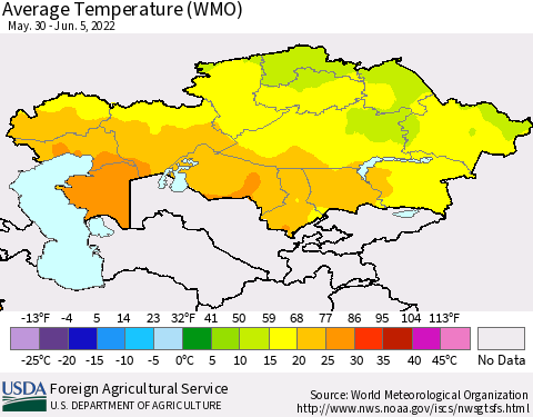 Kazakhstan Average Temperature (WMO) Thematic Map For 5/30/2022 - 6/5/2022