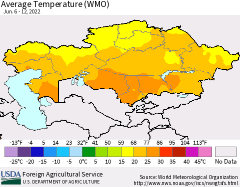 Kazakhstan Average Temperature (WMO) Thematic Map For 6/6/2022 - 6/12/2022