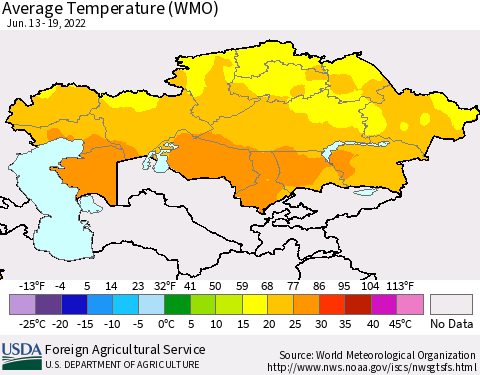Kazakhstan Average Temperature (WMO) Thematic Map For 6/13/2022 - 6/19/2022