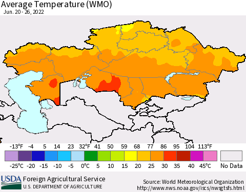 Kazakhstan Average Temperature (WMO) Thematic Map For 6/20/2022 - 6/26/2022