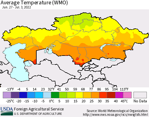 Kazakhstan Average Temperature (WMO) Thematic Map For 6/27/2022 - 7/3/2022