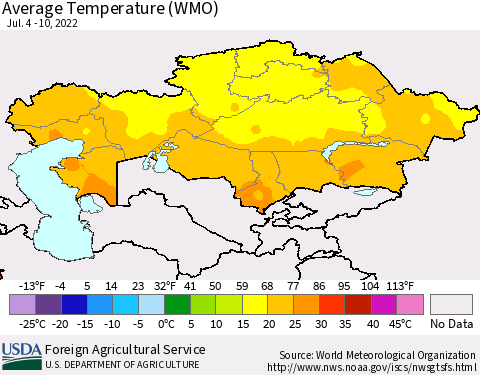 Kazakhstan Average Temperature (WMO) Thematic Map For 7/4/2022 - 7/10/2022