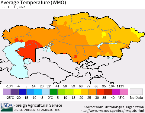 Kazakhstan Average Temperature (WMO) Thematic Map For 7/11/2022 - 7/17/2022