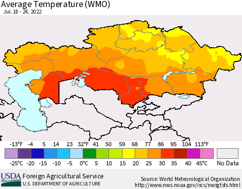 Kazakhstan Average Temperature (WMO) Thematic Map For 7/18/2022 - 7/24/2022