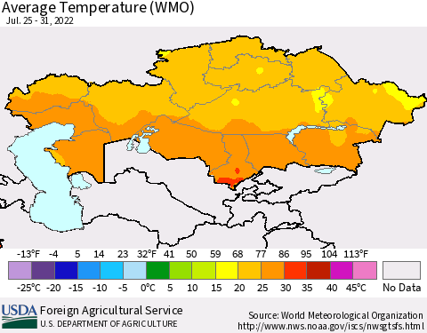 Kazakhstan Average Temperature (WMO) Thematic Map For 7/25/2022 - 7/31/2022