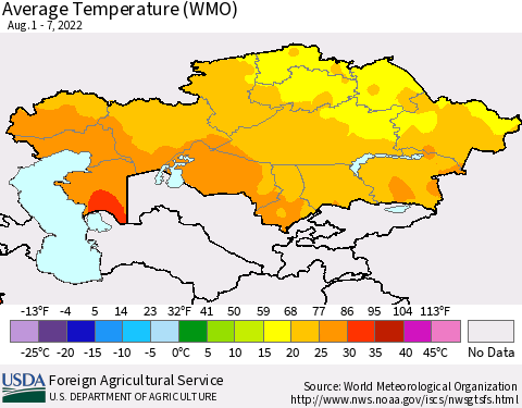 Kazakhstan Average Temperature (WMO) Thematic Map For 8/1/2022 - 8/7/2022