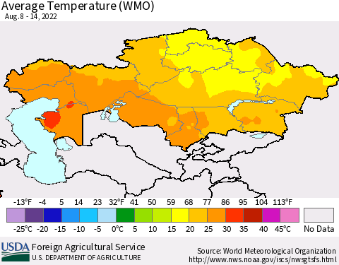 Kazakhstan Average Temperature (WMO) Thematic Map For 8/8/2022 - 8/14/2022