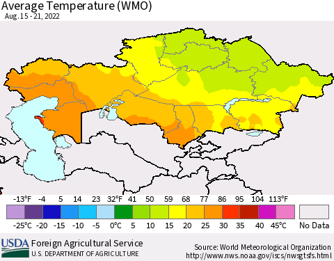 Kazakhstan Average Temperature (WMO) Thematic Map For 8/15/2022 - 8/21/2022